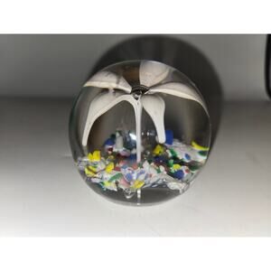 Beautiful Five Petal White Lily Studio Art Paper Weight with Multi Colored‎ Base